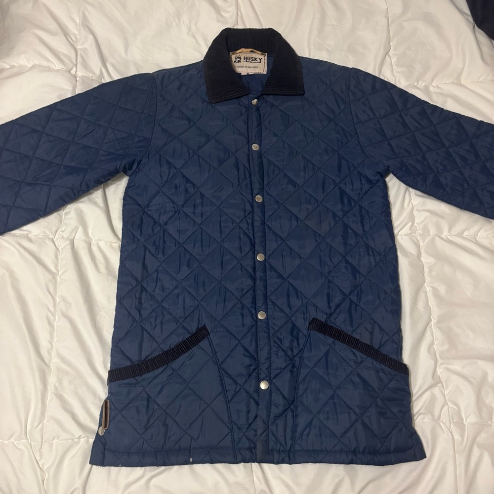 Vtg Husky Quilted Jacket Men's Navy Blue Corduroy Collar Chore Coat Workwear